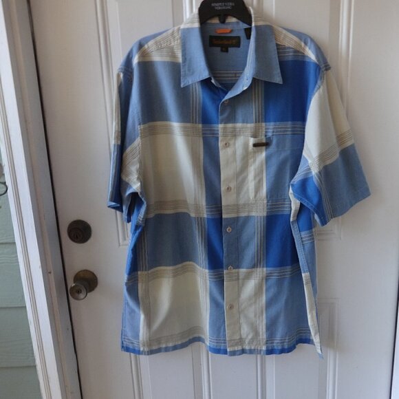 Timberland single stitch men's short sleeve shirt XL blue and cream, like new - Picture 1 of 11